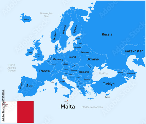 Europe Map Highlighted at Malta Country with Flag and capital city