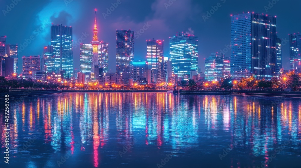 Fototapeta premium Futuristic Tokyo Skyline Glowing with Neon Reflections