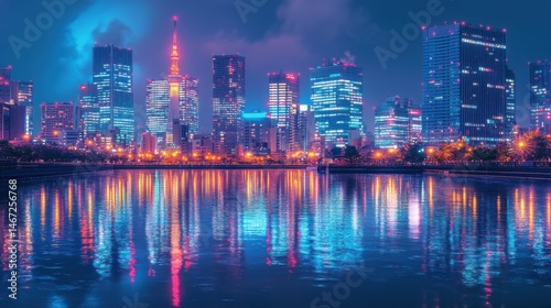 Futuristic Tokyo Skyline Glowing with Neon Reflections