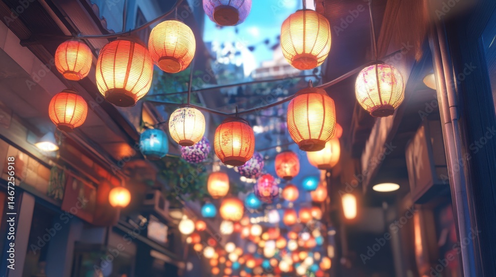 Japanese Street Market Glowing with Vibrant Paper Glow