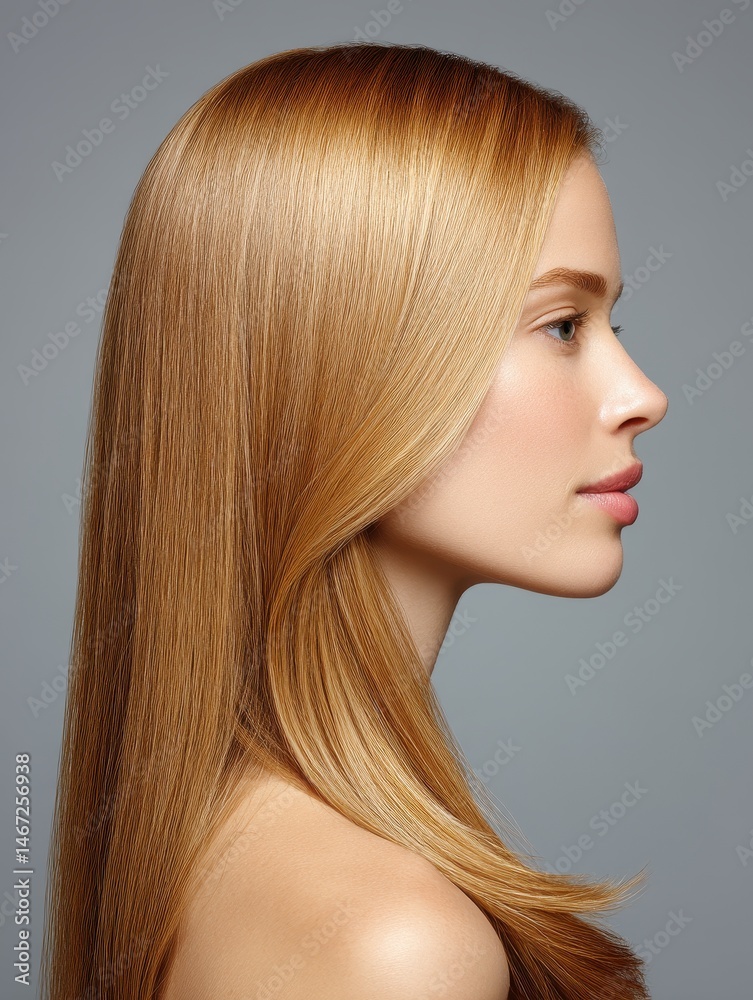 Obraz premium Side profile with light natural-toned hair flowing evenly, smooth strands glowing with healthy sheen
