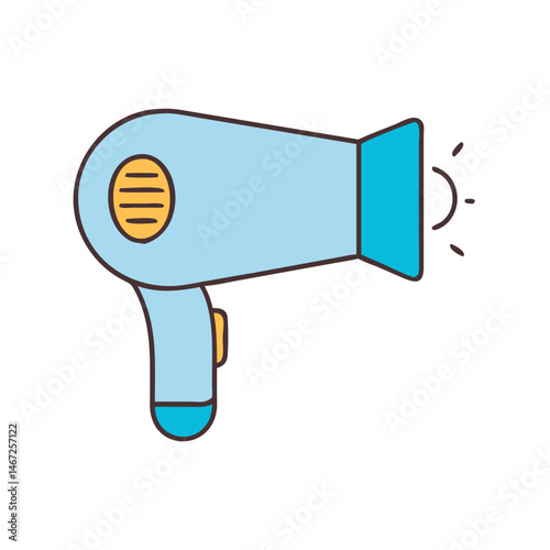 Illustration of blue hair dryer for styling and drying hair at home or salon equipment use