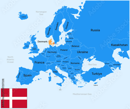 Europe Map Highlighted at Denmark Country with Flag and capital city