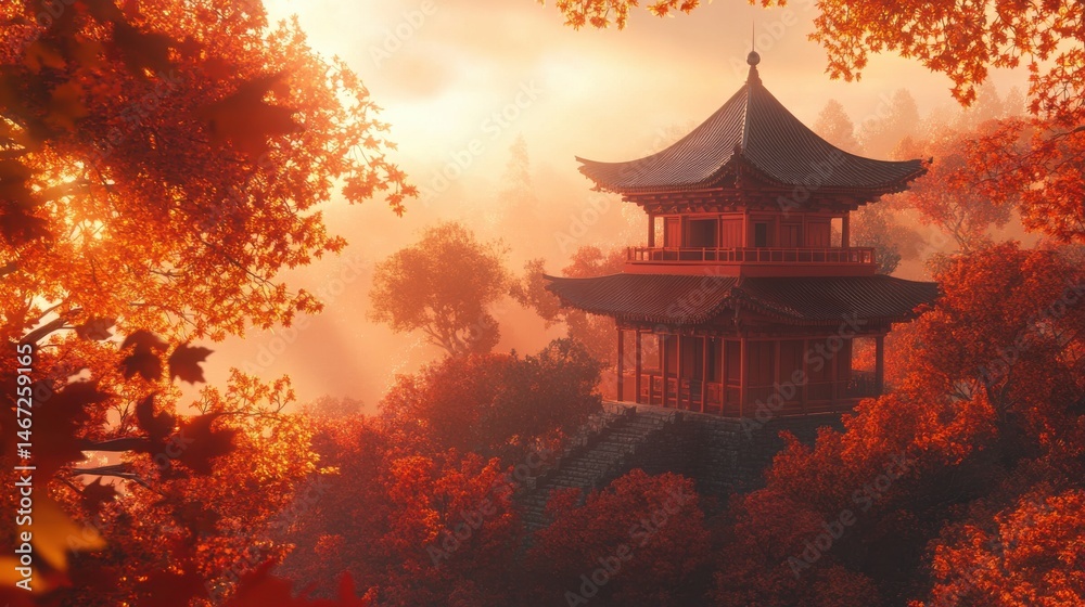 Obraz premium Zen Temple Surrounded by Vibrant Autumn Leaves Ultra A