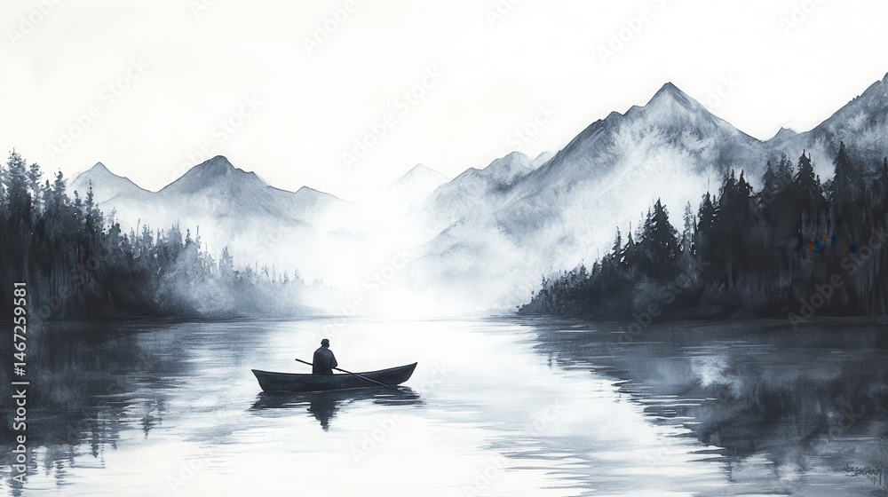 Fototapeta premium Hand-drawn ink painting of a fisherman rowing a boat