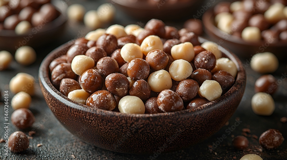 Obraz premium Bowl of milk and dark chocolate coated balls.