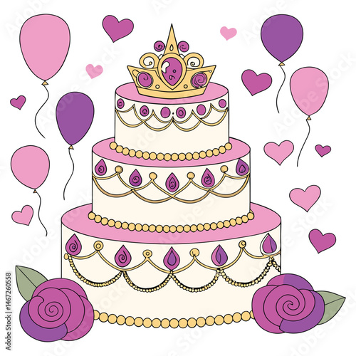 Princess party Cake vector with Balloons and Hearts Vector Clipart 01