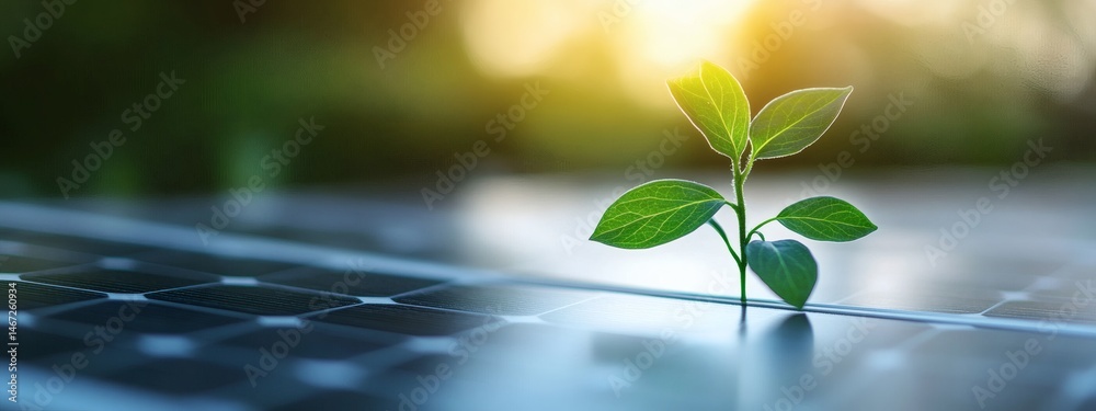 Sprout on solar panel representing eco-friendly power, renewable resources, and the future of sustainable environmental technology
