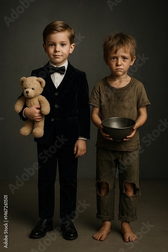 Contrast Between Wealth and Poverty in Childhood – Rich and Poor Boys Standing Side by Side