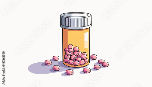 Colorful prescription bottle filled with pink tablets for veterinary care, copy space

