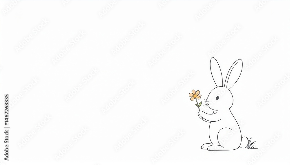 Fototapeta premium Cute rabbit holding a flower nature scene illustration minimalist design gentle atmosphere whimsical concept