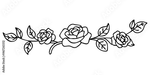 Delicate Rose Flower Border Illustration in Line Art Style for Floral Design, Elegant Blossom Graphics