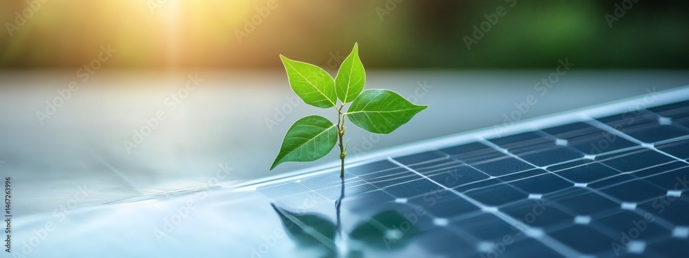Sprout on solar panel representing eco-friendly power, renewable resources, and the future of sustainable environmental technology