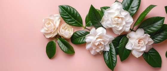 White flowers and green leaves on colorful background. Top down aerial view of jasmine blooming with green leaves. Flat lay composition with copy space for springtime concept. Floral decoration. AIG55