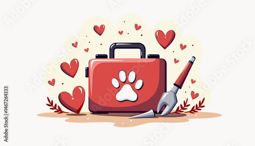 Veterinary kit with heart motifs symbolizing love and care for pets, copy space
