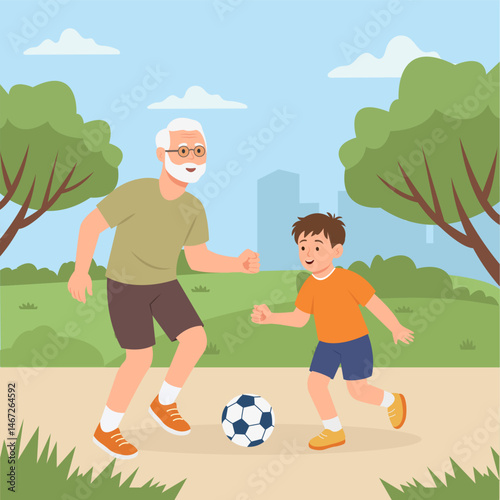 Grandather plays football with grandson in park.Family recreation. Vector Illustration