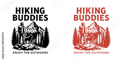 monoline adventure vintage outdoor badge design-hiking with dog in the wild, mountain