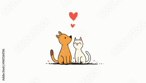 Cute dog and cat sharing love with heart symbols above them, copy space
