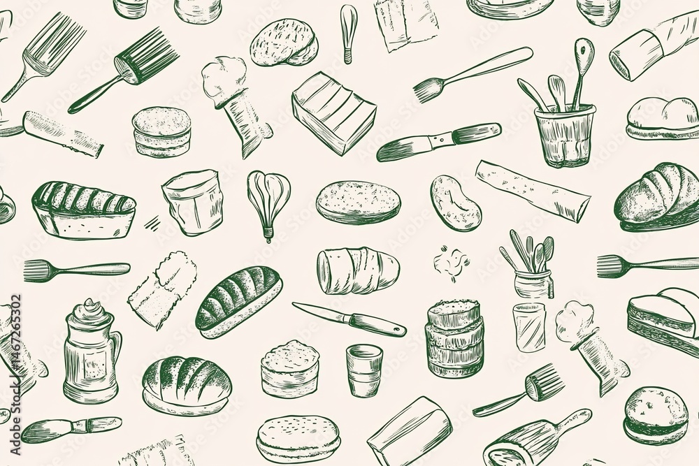 A delightful pattern featuring various baking tools and bread varieties, rendered in a charming hand-drawn style A delightful pattern featuring various baking tools and bread varieties, rendered in a charming hand-drawn style