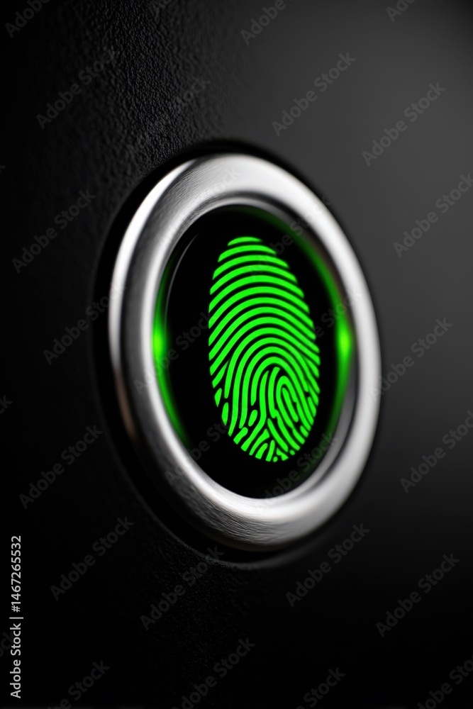 Green fingerprint scanner glowing on black surface for biometric access