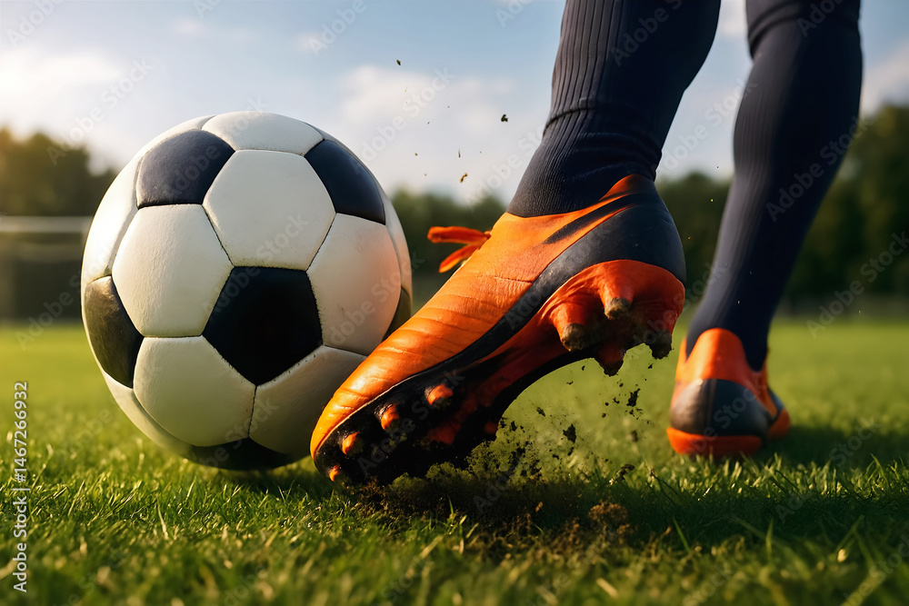Soccer background concept, football banner with copy space text, foot kicking ball at goal, soccer game, match