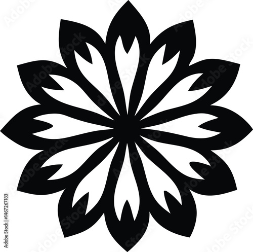 Black floral vector illustration shows a black and white abstract flower, suitable for tattoo art and nature design with petal elements