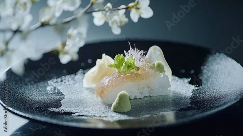 Elegant Japanese Cuisine: Exquisite Sushi Presentation with Blossoms