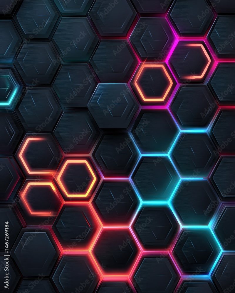 Neon hexagonal pattern background with dark textures and vibrant highlights Neon hexagonal pattern background with dark textures and vibrant highlights