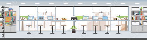 Modern workplace with laptop, Office desk for working, Interior of business company work floor with outside street view.