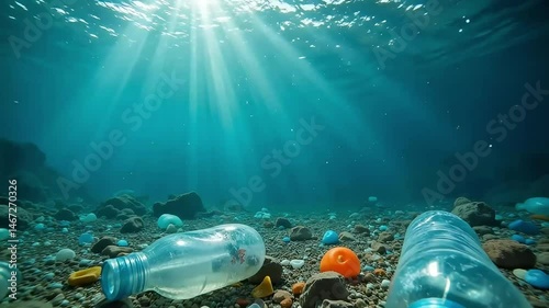 Ocean Pollution Plastic Waste Underwater Scene Showing Environmental Damage Threatening Marine Life and Ecosystems photo