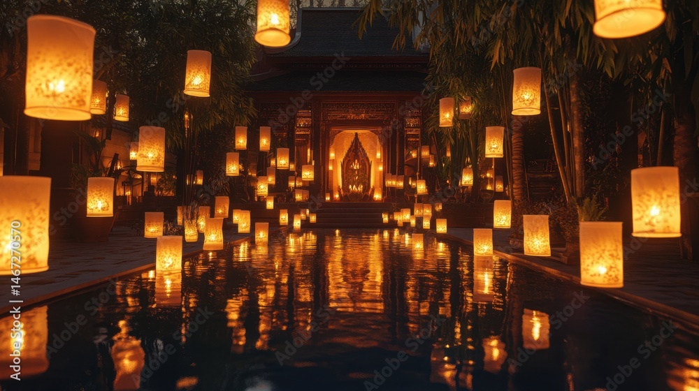 Obraz premium Temple Courtyard Illuminated by Floating Lanterns