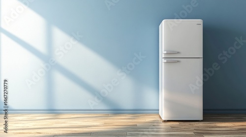 White refrigerator in a sunlit room against a light blue wall.