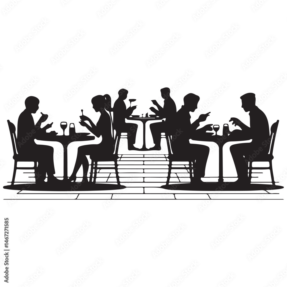 Vector Black silhouette of people sitting at restaurant tables eating and drinking with white background Vector Black silhouette of people sitting at restaurant tables eating and drinking with white background