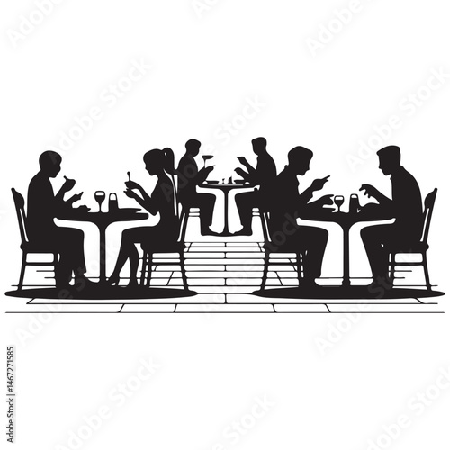 Vector Black silhouette of people sitting at restaurant tables eating and drinking with white background