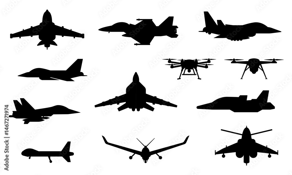Obraz premium Set of silhouettes of drones, fighter jets, and military aircraft viewed from multiple angles, showcasing air force strength and unmanned aerial vehicle design variations. Transparent background