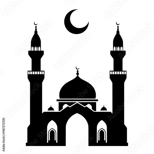 Islamic mosque with crescent moon icon in traditional architectural style representing worship and spirituality