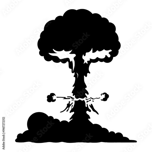 Nuclear explosion black silhouette isolated on transparent background. Atomic detonations, fiery eruptions, shockwave effects. War, catastrophe graphics. Vector blasts, fire bursts