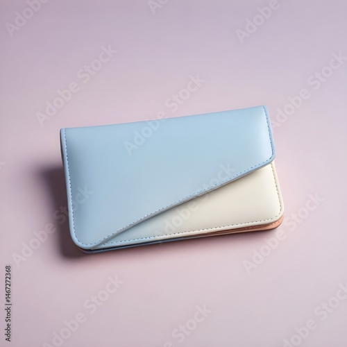 A blue and white wallet displayed on a soft pink background, highlighting its design and color contrast