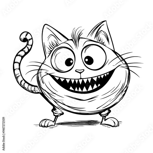 Cartoon cat with open mouth smile, wide eyes, raised tail and bouncy legs in a hyper energetic pose