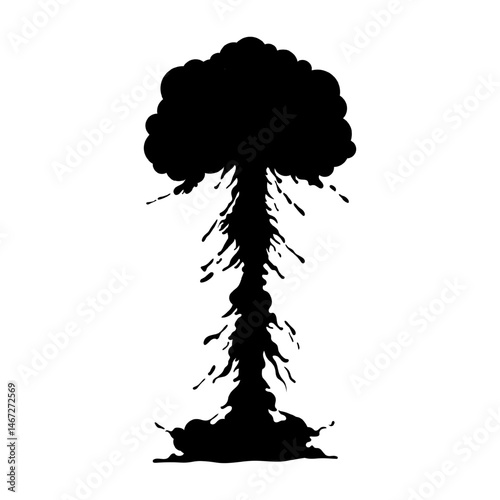 Nuclear explosion black silhouette isolated on transparent background. Atomic detonations, fiery eruptions, shockwave effects. War, catastrophe graphics. Vector blasts, fire bursts