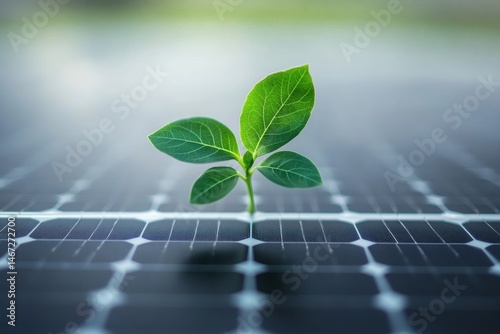 Obraz na płótnie Sprout on solar panel representing eco-friendly power, renewable resources, and the future of sustainable environmental technology
w salonie