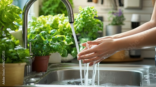 A mother and her young daughter are washing their hands at a kitchen sink.