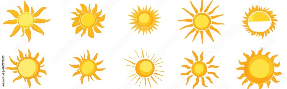 Fototapeta premium set of yellow sun icons in flat design on white background
