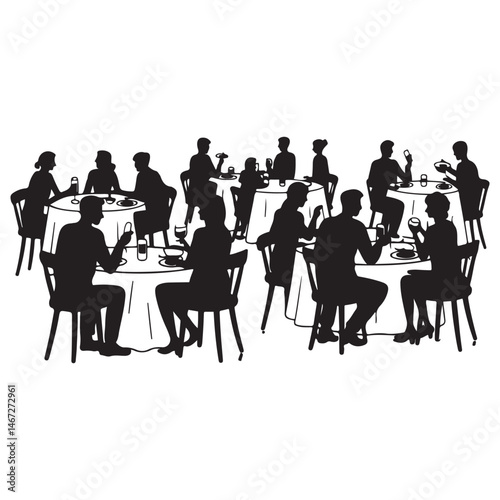 Vector Black silhouette of people sitting at restaurant tables eating and drinking with white background