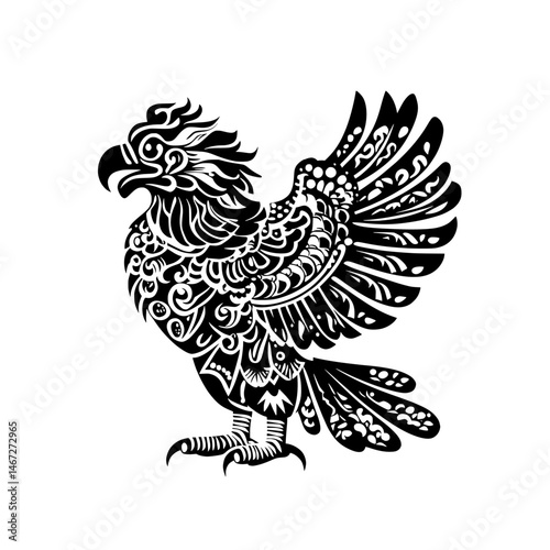 Highly detailed patterned eagle illustration with extended wings and tribal motifs representing strength and heritage
