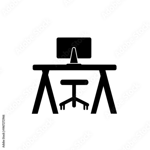 Wide-legged office desk icon with computer monitor and central chair representing ergonomic home office setup