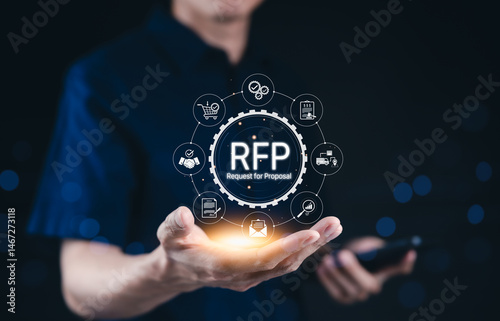RFP, Request for Proposal Business Concept. Hand holding RFP (Request for Proposal) icons representing procurement, finance, bidding, contract, agreement, planning, and logistics management.