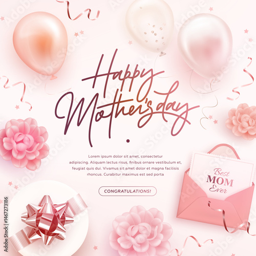 Happy mother's day square web banner, poster, greeting card design template. Realistic 3d helium balloons, envelope and gift box. Mother day background. Vector illustration