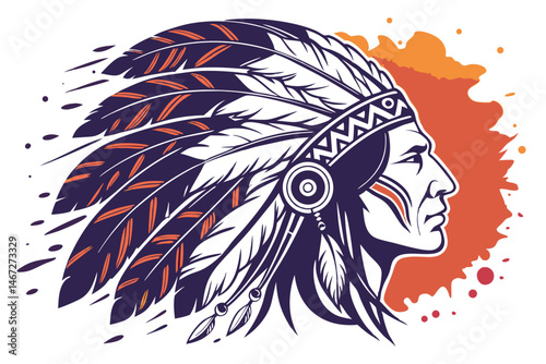 A colorful portrait of a Native American chief in a feathered headdress. His face is etched with wisdom and determination.