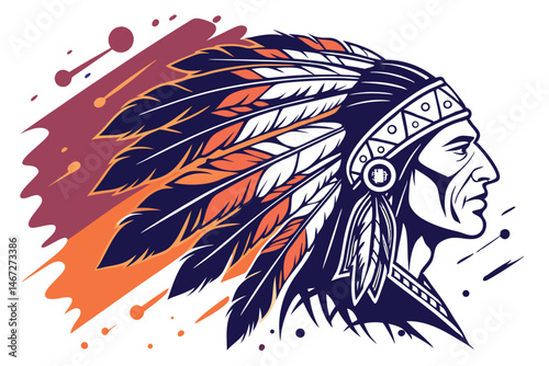 A colorful portrait of a Native American chief in a feathered headdress. His face is etched with wisdom and determination.